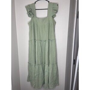 ENTRO Sage Green Tiered Maxi Dress – Ruffle Straps – Size L – Cottagecore Boho